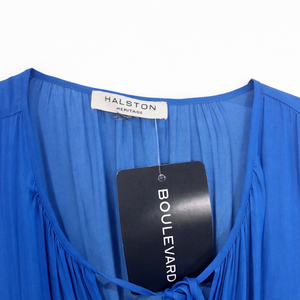 Halston Heritage Blue Silk Chiffon Smocked Waist Mini Dress Large Boho Ruffle - Picture 3 of 4